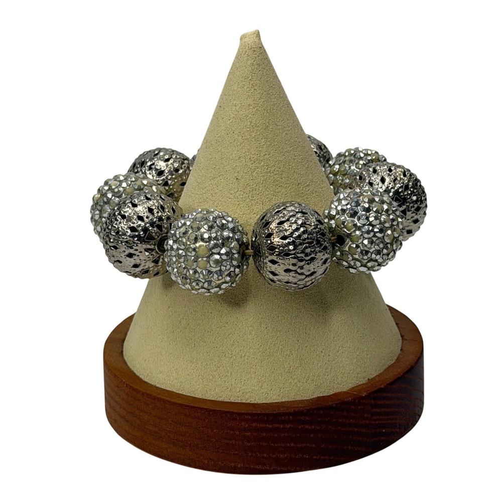 Silver Tone Filigree‎ and Pavé Rhinestone Beaded Stretch Statement Bracelet